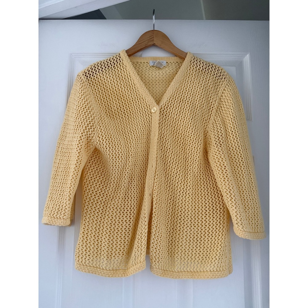 Womens‎ Open Knit Butter Yellow 3/4 Sleeve Cardigan Coastal Mom Preppy Casual
